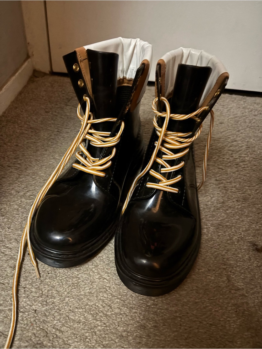 See By Chloe Black Patent Lace-Up Rain Boot with White Panel and Brown Trim